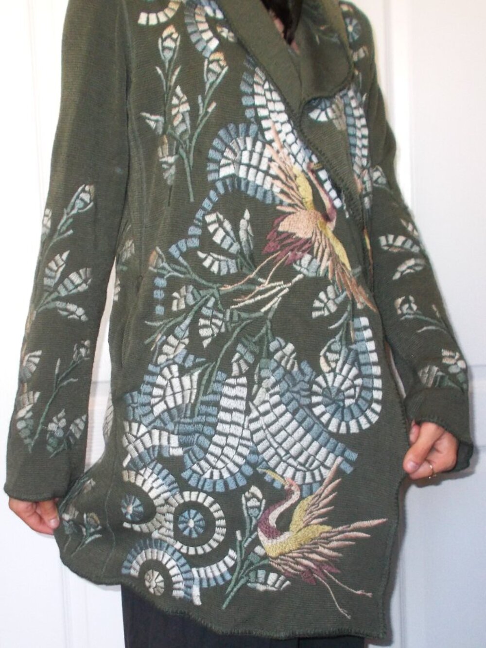 Biya ~ Johnny Was Hooded Cardi-Duster S also fit M? Glorious Embroidered Cranes
